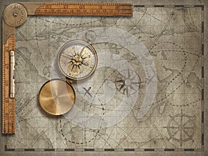 Old map background with compass and ruler. Adventure and travel concept. 3d illustration.