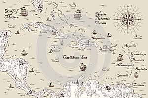 Old map of the Caribbean Sea, Vector illustration