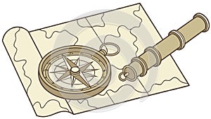 Old Map with Compass and Telescope Vector Scene, vector design Generative AI