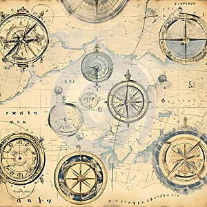 Old map with compass and wind rose. Vintage style. Travel background