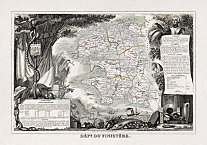 Old map of Finistere in Brittany