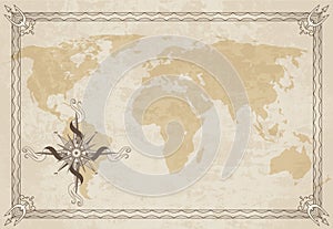 Old map frame with retro nautical compass on old paper texture. Hand drawn antique nautical old vector background. Wind