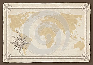 Old map frame with retro nautical compass on old paper texture. Hand drawn antique nautical old vector background. Wind