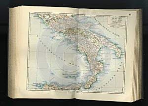 Old map from geographical Atlas 1890 with a fragment of the Apennines, Italian Peninsula. South Italy.