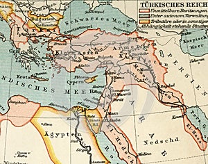Old map from geographical Atlas, 1890. The Turkish Ottoman Empire. Turkey.