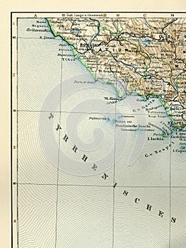 Old map from geographical Atlas 1890 with a fragment of the Apennines, Italian Peninsula. Central Italy. the Tyrrhenian sea