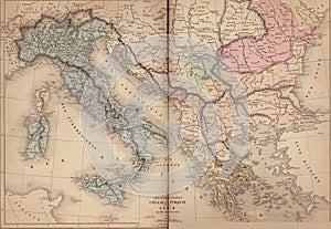 Old map of Italy and Greece from the 1869 Atlas Universel et Classique de Geographie