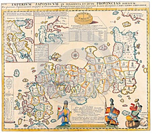 Old map of Japan shown on a 18th century paper atlas