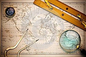 Old map and navigational objects. photo