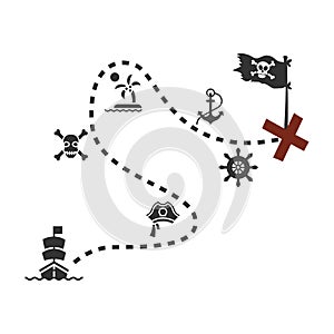 Old map for pirate adventures. Island with old chest. Vector illustration. Pirate map, travel adventure