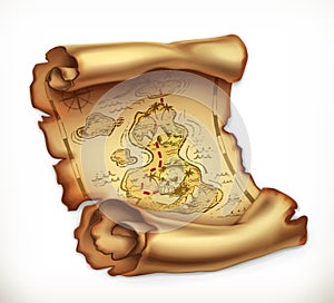Old map, treasure island. Vector icon