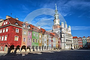 Old market with Renaissance town hall tower and historic tenements