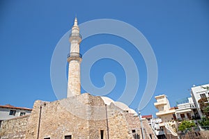 Old masonry of a mosque whit blue sky in rethymnon, kreta