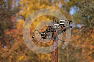 Old mast for power lines. Electrical wires are frayed