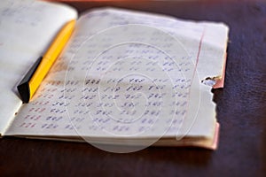 Old math notebook and yellow pen