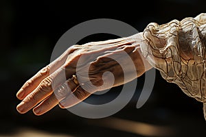 Old matron navigating with aid, a close up of an experienced hand