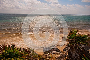 Old Maya Beach in Tulum, Mexico, Yucatan, Riviera Maya. Beautiful Tropical landscape and Caribbean sea on a Sunny day