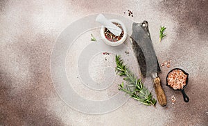 Old meat butcher with spices on concrete background. Food cooking background. Long banner format. top view