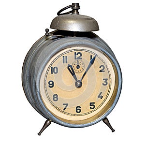 Old mechanical alarm clock isolated, Made in Czech Republic
