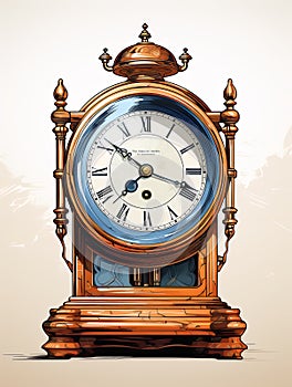 Old mechanical clock. Dial with Roman numerals. Illustration in vector style