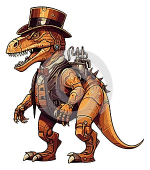 Old mechanical t-rex. Retro dinosaur in cartoon style, vintage dinosaurus gentleman in top hat and bow tie