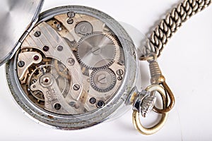 Old mechanism of an analog watch. Modes and mechanisms of the precision mechanism