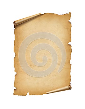 Old mediaeval paper sheet. Parchment scroll isolated on white