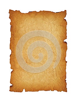 Old mediaeval paper sheet. Parchment scroll isolated on white