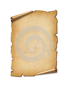 Old mediaeval paper sheet. Parchment scroll isolated on white with shadow