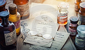 Old medical medicines in bottles, medical prescriptions, glasses on the table in the doctor`s office. Old medical, pharmaceutical