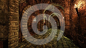 Old medieval castle dungeon tunnel with a row of prison cells, lit by torch flame. 3D illustration