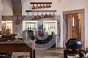 Old medieval castle kitchen with equipment