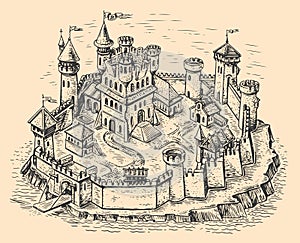 Old medieval castle with various buildings, surrounded by stone wall with towers. Town map in vintage engraving style