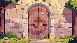 This is an old medieval castle wooden door with stone brick doorway. Cartoon modern illustration set of an old vintage