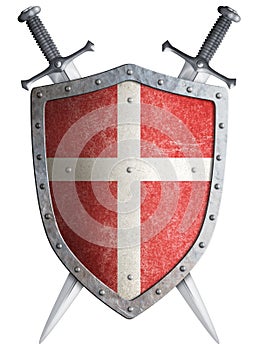 Old medieval crusader shield and two crossed swords isolated 3d illustration