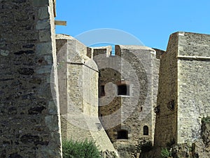 Old medieval defensive walls and towers of the fortress castle