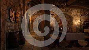 Old medieval dining hall at night with Viking shields hanging on the wall. 3D rendering