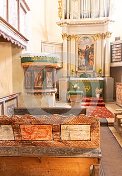 Old medieval evangelical church altar photo