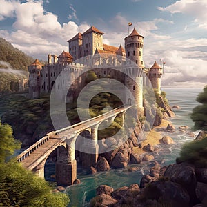 Old medieval.Medieval castle on the island and a bridge leading.