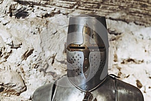 Old medieval metal helmet of a knight\'s armor