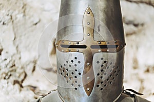 Old medieval metal helmet of a knight\'s armor