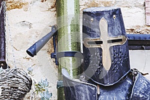 Old medieval metal helmet of a knight\'s armor