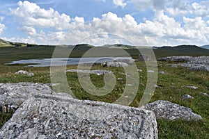 The old medieval necropolis steÃâ¡ci and the Riblje jezero in the background