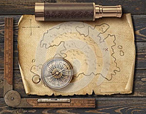 Old medieval pirates` map with compass and spyglass. Adventure and travel concept. 3d illustration.