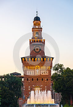 Old medieval Sforza Castle Castello Sforzesco and tower, Milan, Italy