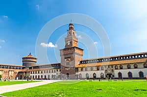 Old medieval Sforza Castle Castello Sforzesco and tower, Milan