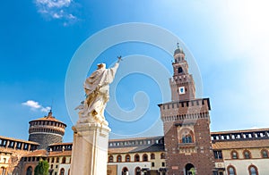 Old medieval Sforza Castle Castello Sforzesco and tower, Milan, Italy