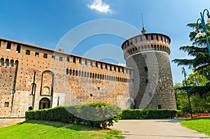 Old medieval Sforza Castle Castello Sforzesco and tower, Milan, Italy