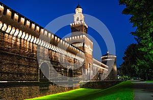 Old medieval Sforza Castle Castello Sforzesco and tower, Milan