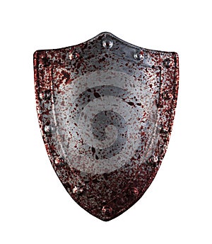 Old medieval shield in blood isolated on white background